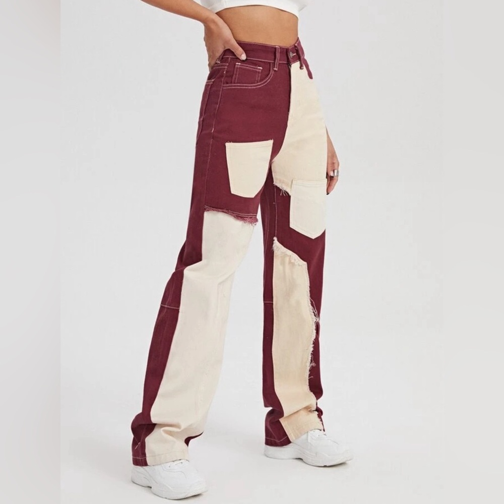 EUC SHEIN  Color-Block Maroon/Beige Wide-Leg Denim Jeans XS (2)Womens